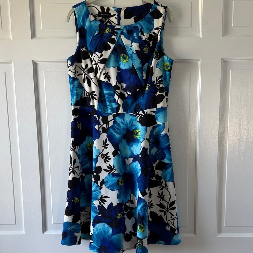 AB Studio Bold Large Scale Floral Blue Sleeveless A-Line Dress Blue White Sz 12